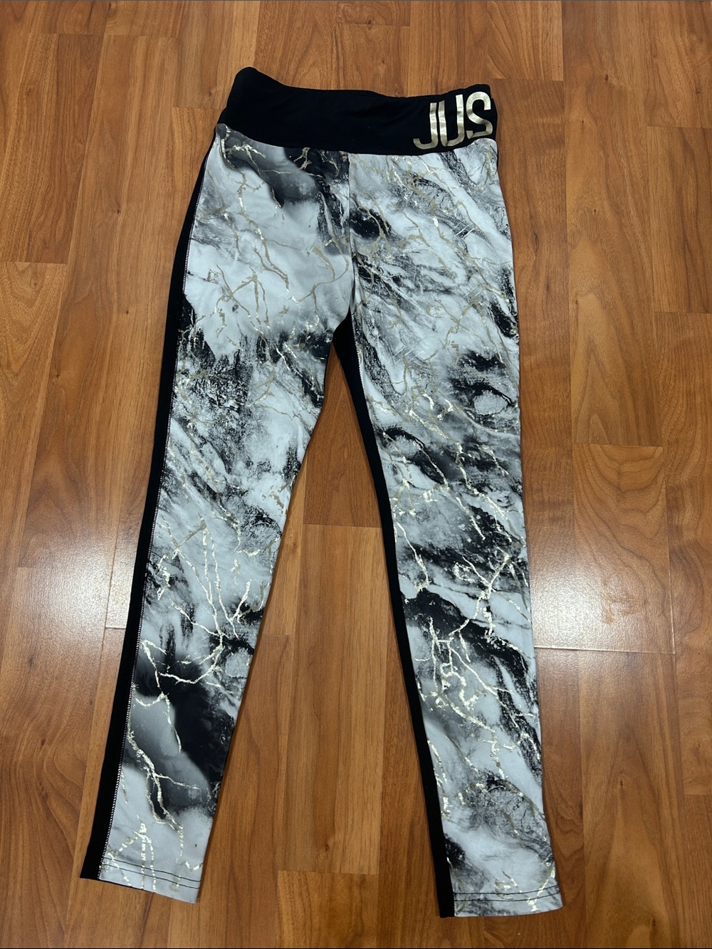 Justice Black & White Marble-Print Jeggings with Gold Accents